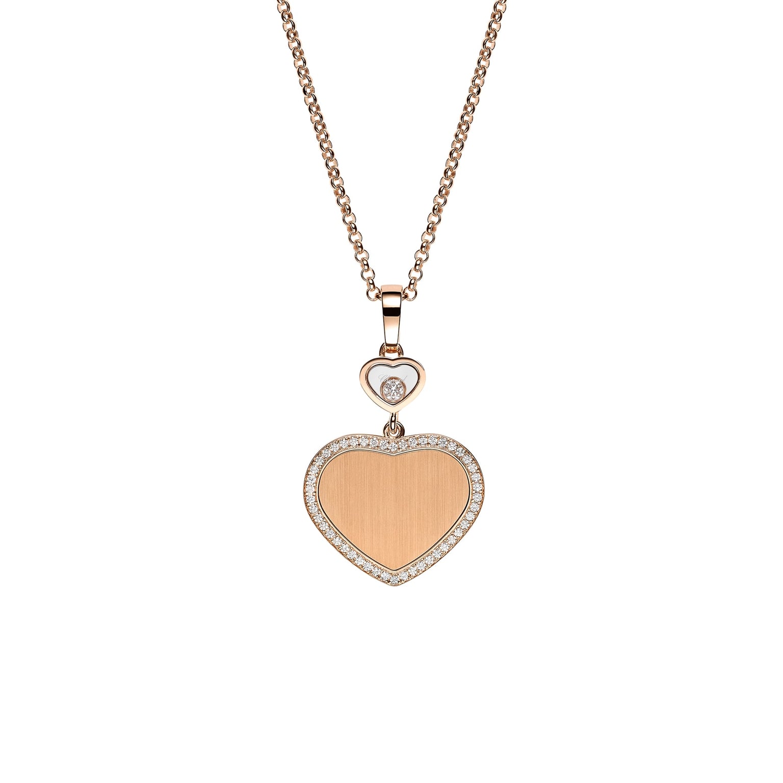 The Chopard Happy Hearts limited-edition gold necklace showcases a heart-shaped diamond pendant encircled by small diamonds, with a smaller heart and single diamond above, set against a white background.