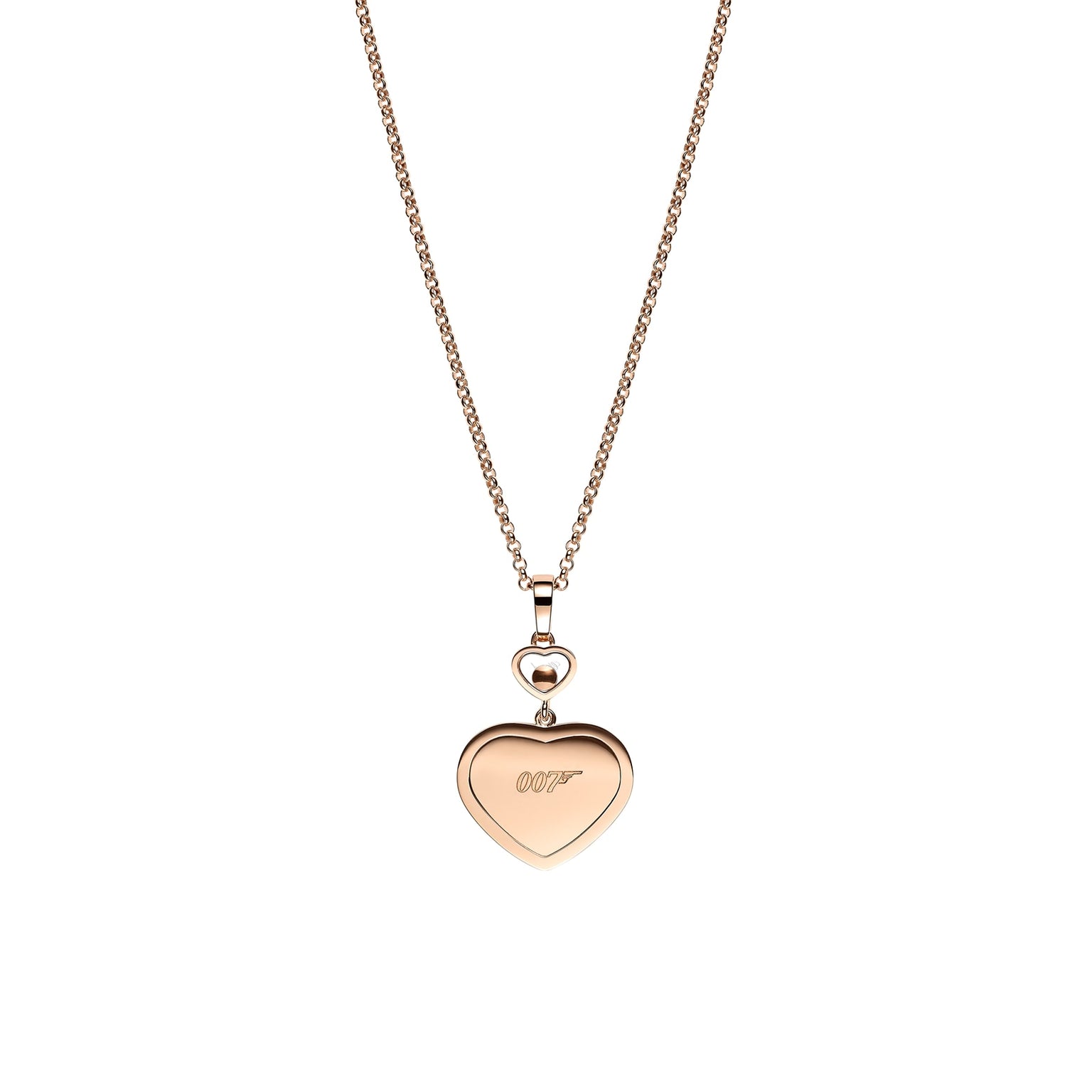 The Chopard Happy Hearts limited-edition gold chain necklace features a heart-shaped pendant engraved with 007 and a small heart detail connecting the pendant to the chain.