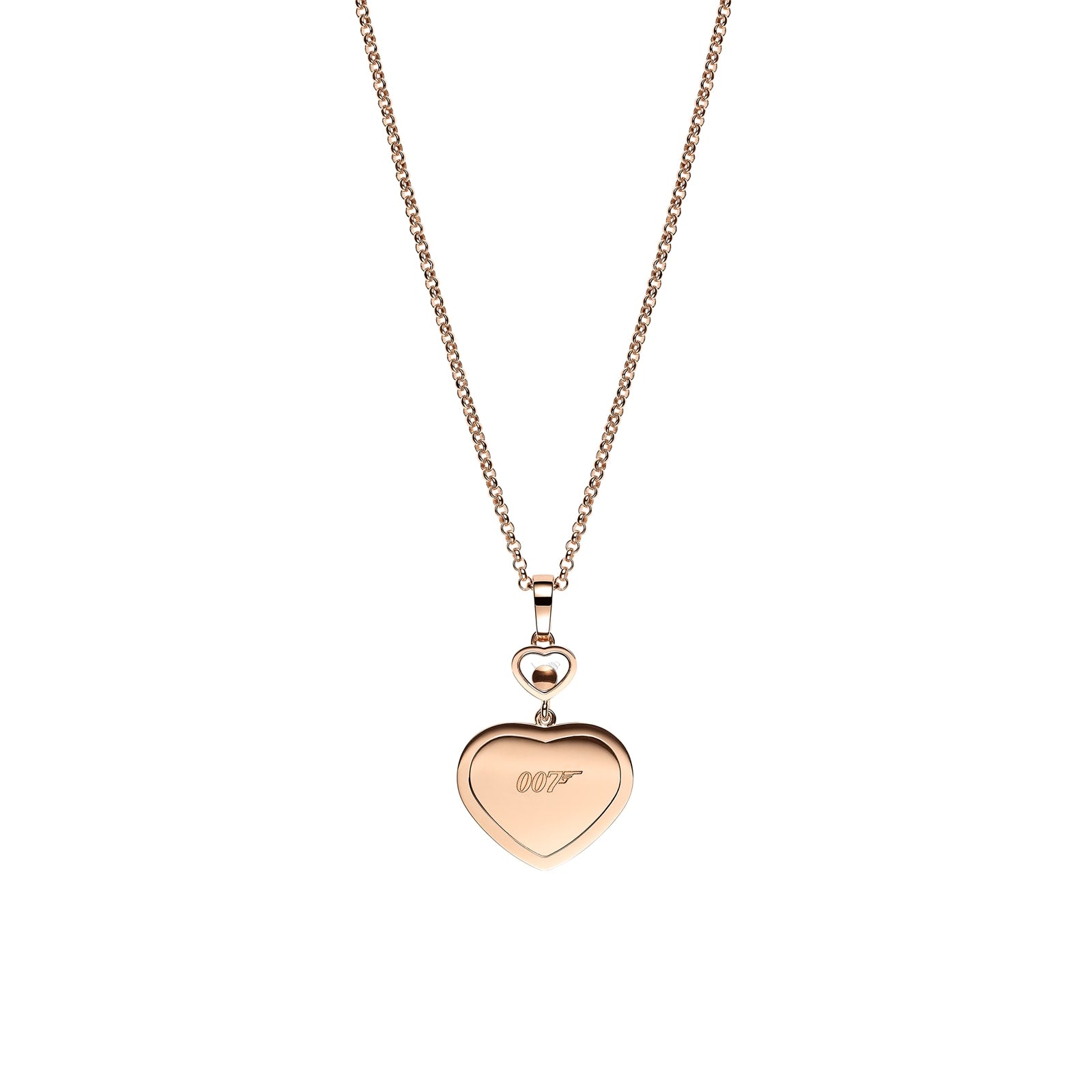 The Chopard Happy Hearts limited-edition gold chain necklace features a heart-shaped pendant engraved with 007 and a small heart detail connecting the pendant to the chain.