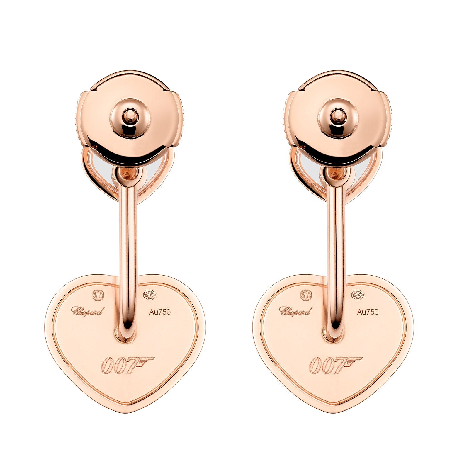 A pair of Chopard Happy Hearts ethical rose gold earrings with heart-shaped pendants engraved with 007 and Au750—part of a limited-edition James Bond Woman collection.