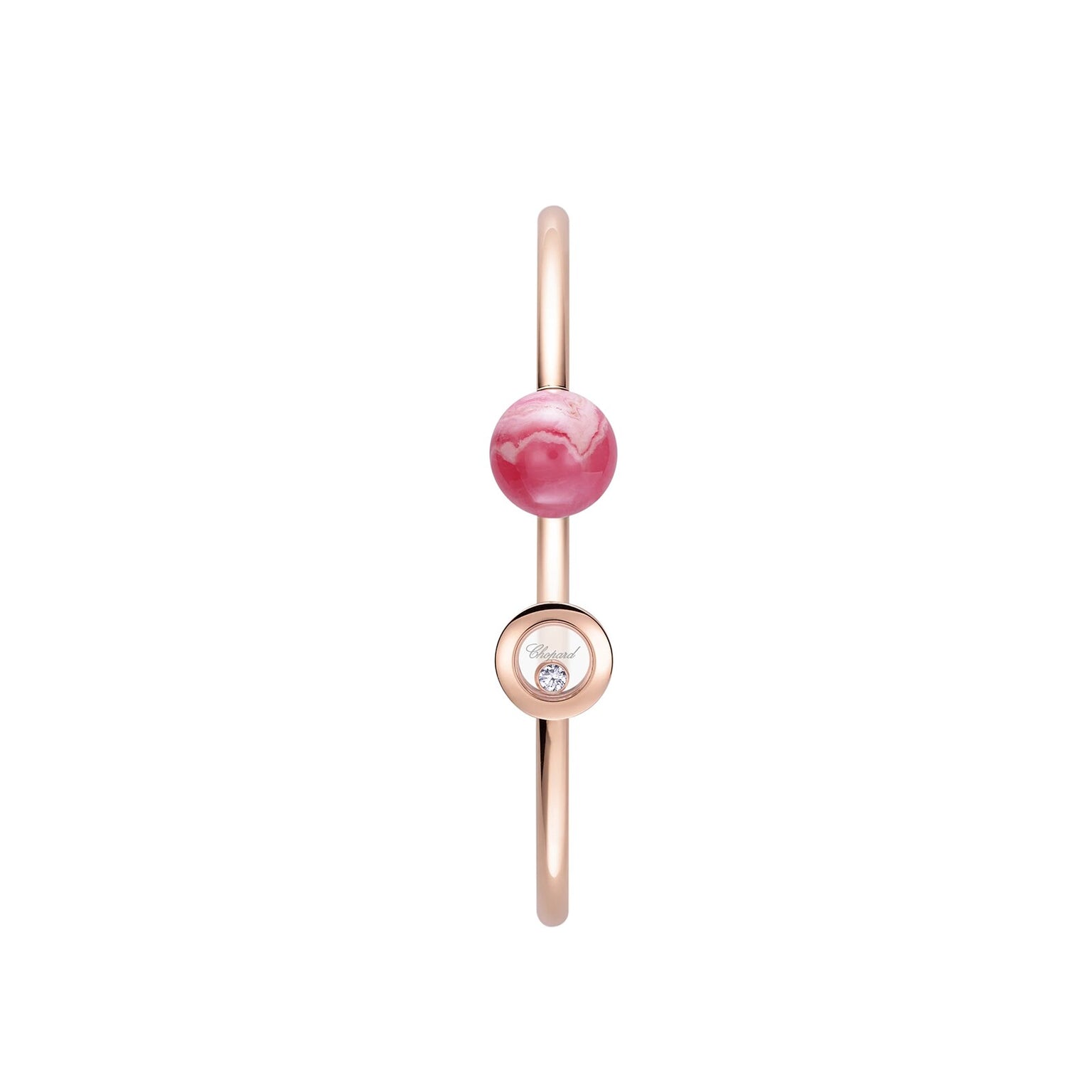 The Chopard Happy Diamonds Planet bangle features a pink marbled bead and a small round gem in rose gold, inspired by Happy Diamonds designs, shown on a white background.