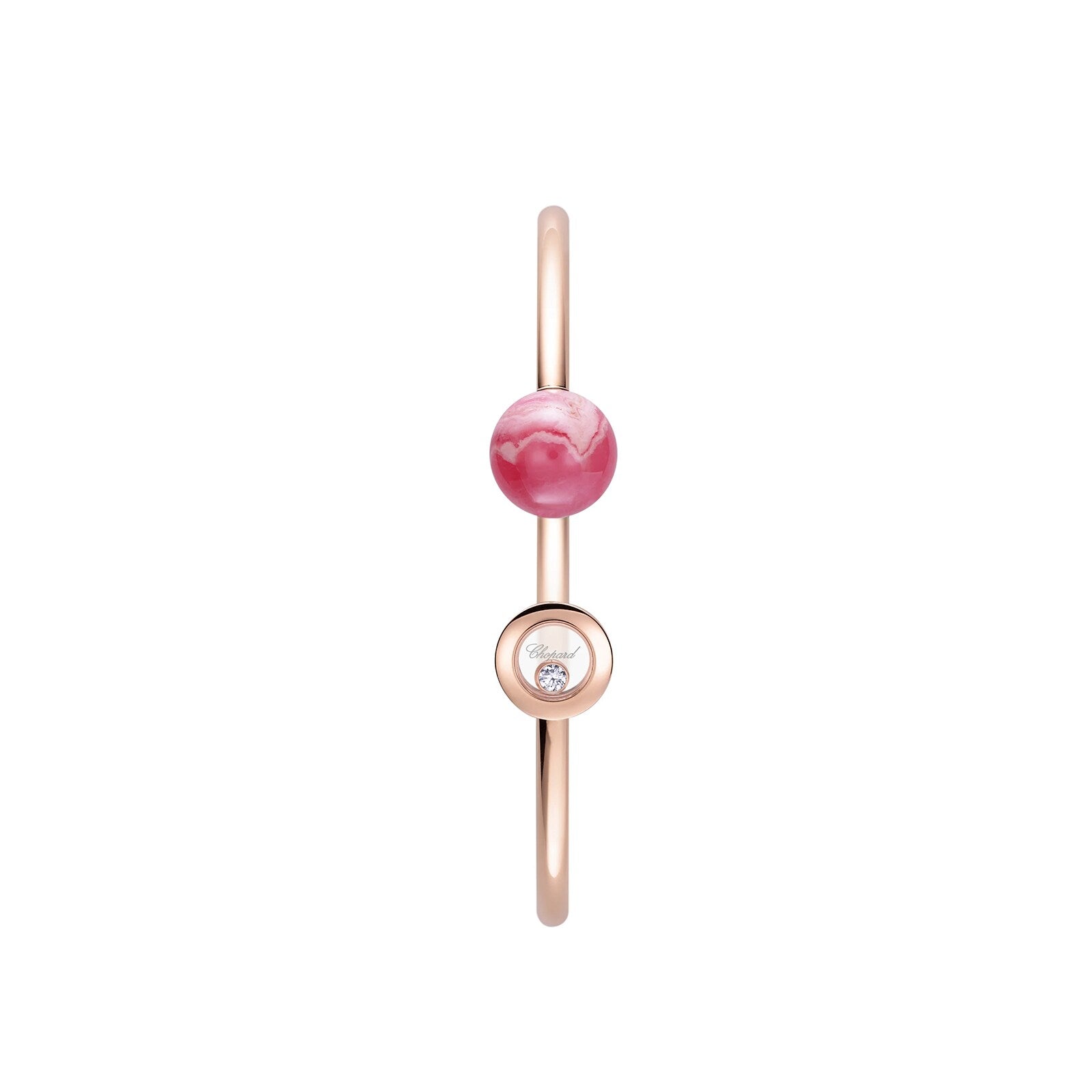 The Chopard Happy Diamonds Planet bangle features a pink marbled bead and a small round gem in rose gold, inspired by Happy Diamonds designs, shown on a white background.