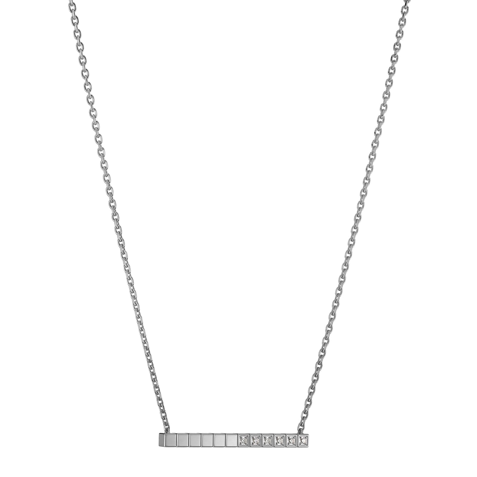 The Chopard Ice Cube necklace in 18ct white gold features a horizontal rectangular pendant with square segments, some set with clear stones—offering a modern, minimalist twist on the classic diamond pendant.