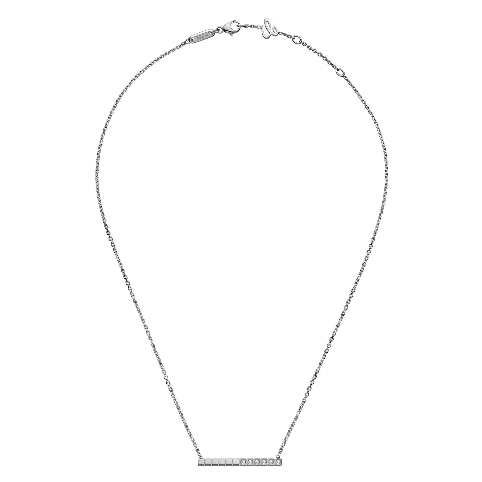 Minimalist elegance at its best, the Chopard Ice Cube necklace in 18ct white gold features a horizontal bar pendant with small embedded stones and is finished with a lobster clasp and adjustable extension chain.