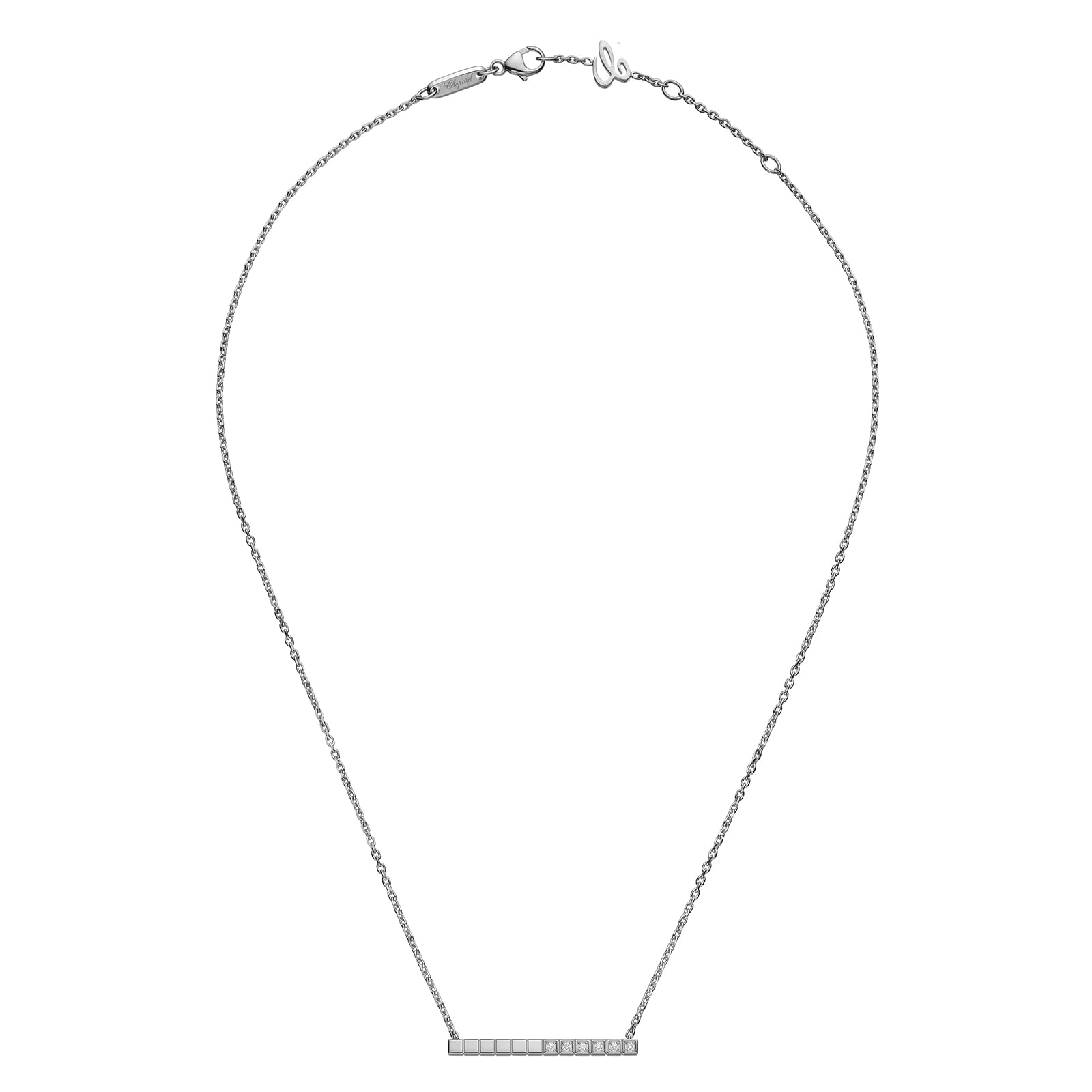 Minimalist elegance at its best, the Chopard Ice Cube necklace in 18ct white gold features a horizontal bar pendant with small embedded stones and is finished with a lobster clasp and adjustable extension chain.