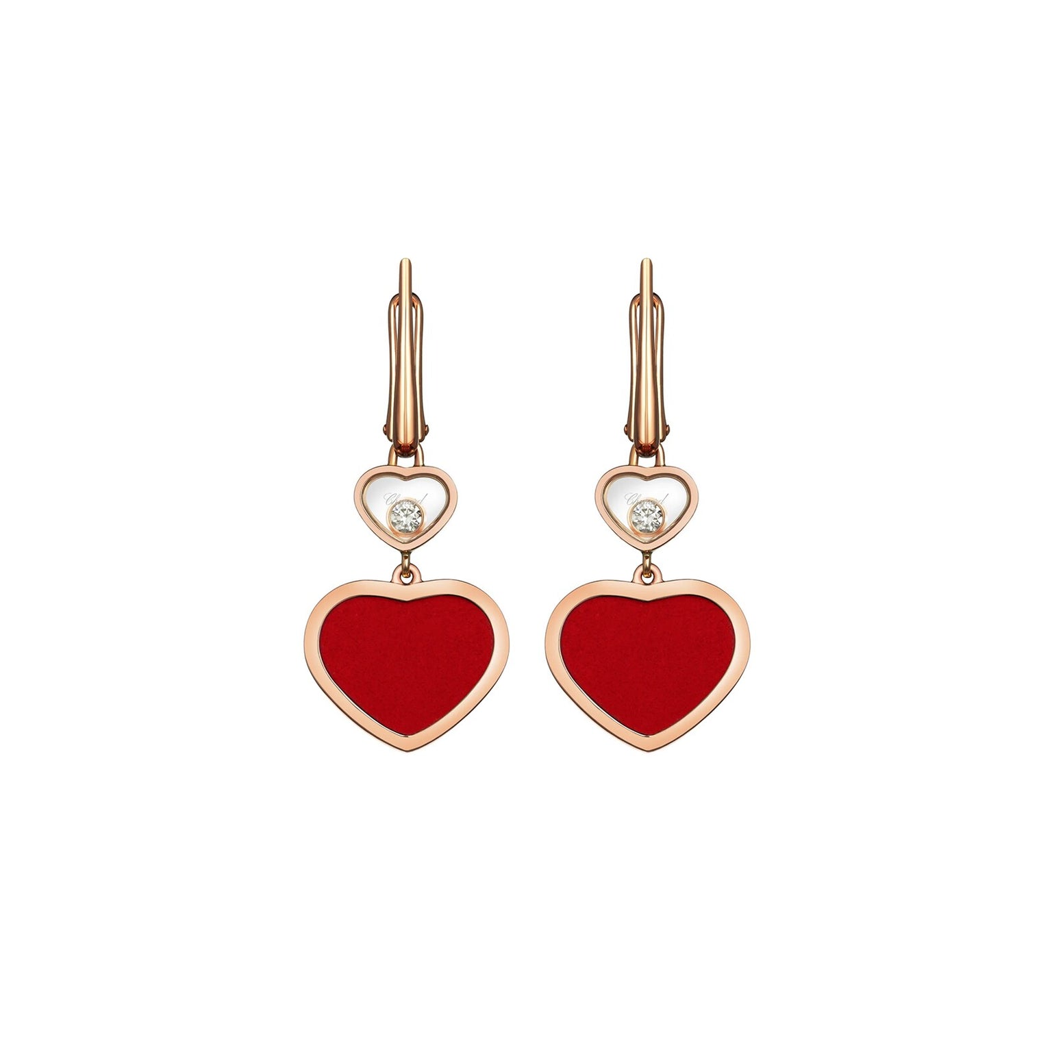 A pair of Chopard Happy Hearts gold dangle earrings with red heart-shaped pendants, small white heart accents, and central dancing diamonds.
