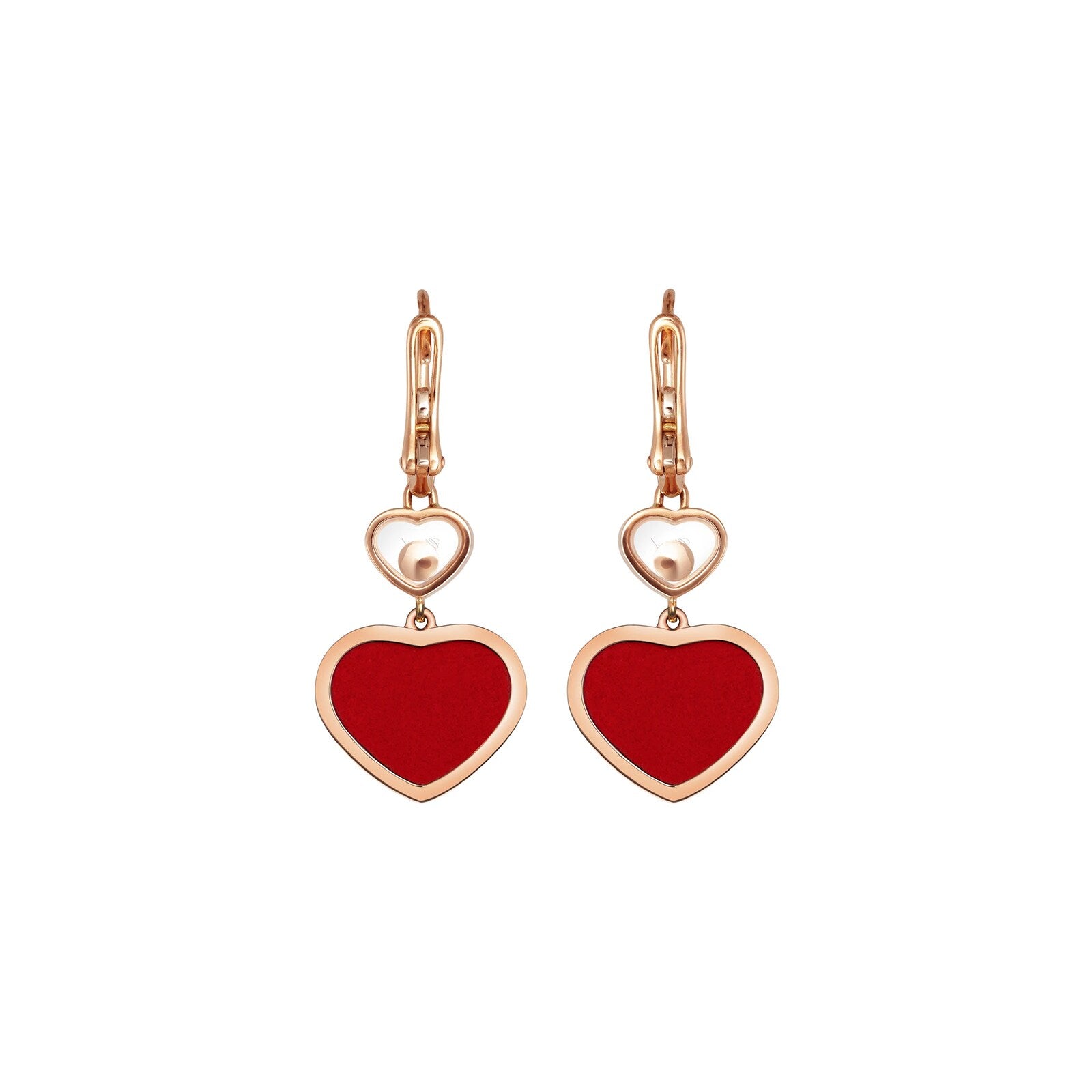 A pair of Chopard Happy Hearts gold drop earrings with small white hearts above larger red heart-shaped pendants, shown on a white background.