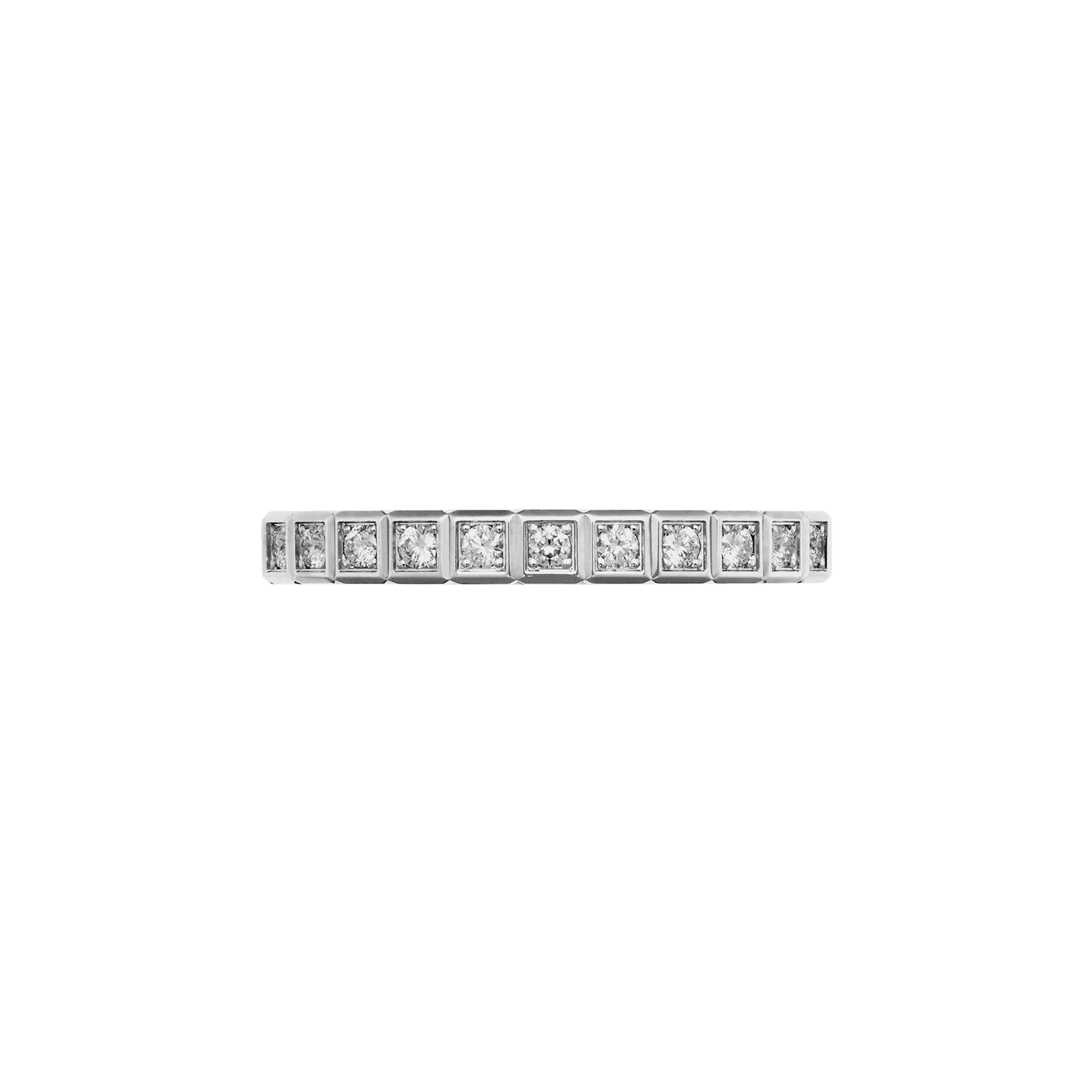 The Chopard Ice Cube silver ring features a row of square-cut diamonds in a channel setting, showcasing minimalist elegance when viewed from the front.