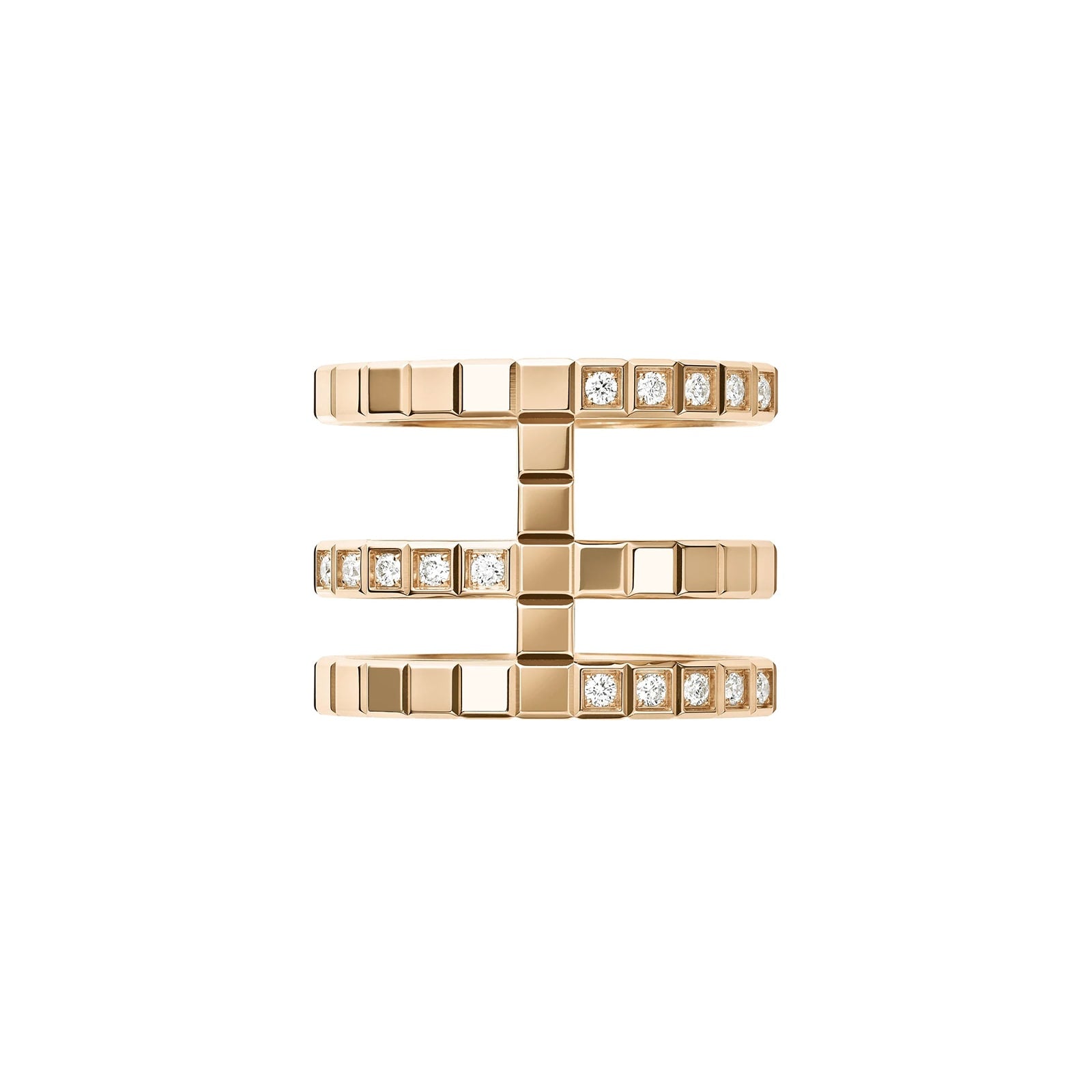 The Chopard Ice Cube ring features three parallel gold bands linked by a vertical bar, accented with square segments and small inset diamonds for a minimalist, modern look.