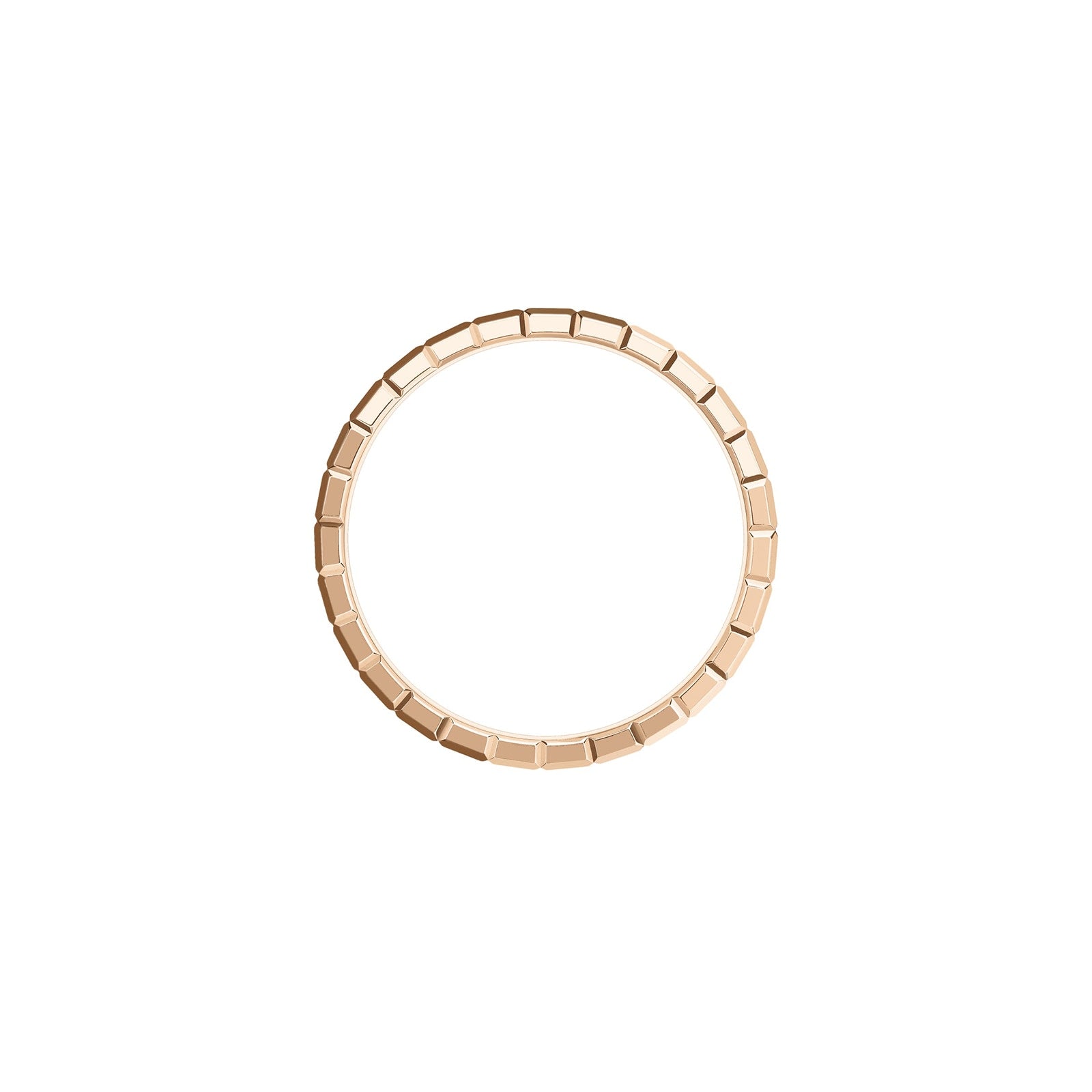 The Chopard Ice Cube ring features a minimalist gold band with a geometric rectangular pattern, showcasing modern elegance against a white background.