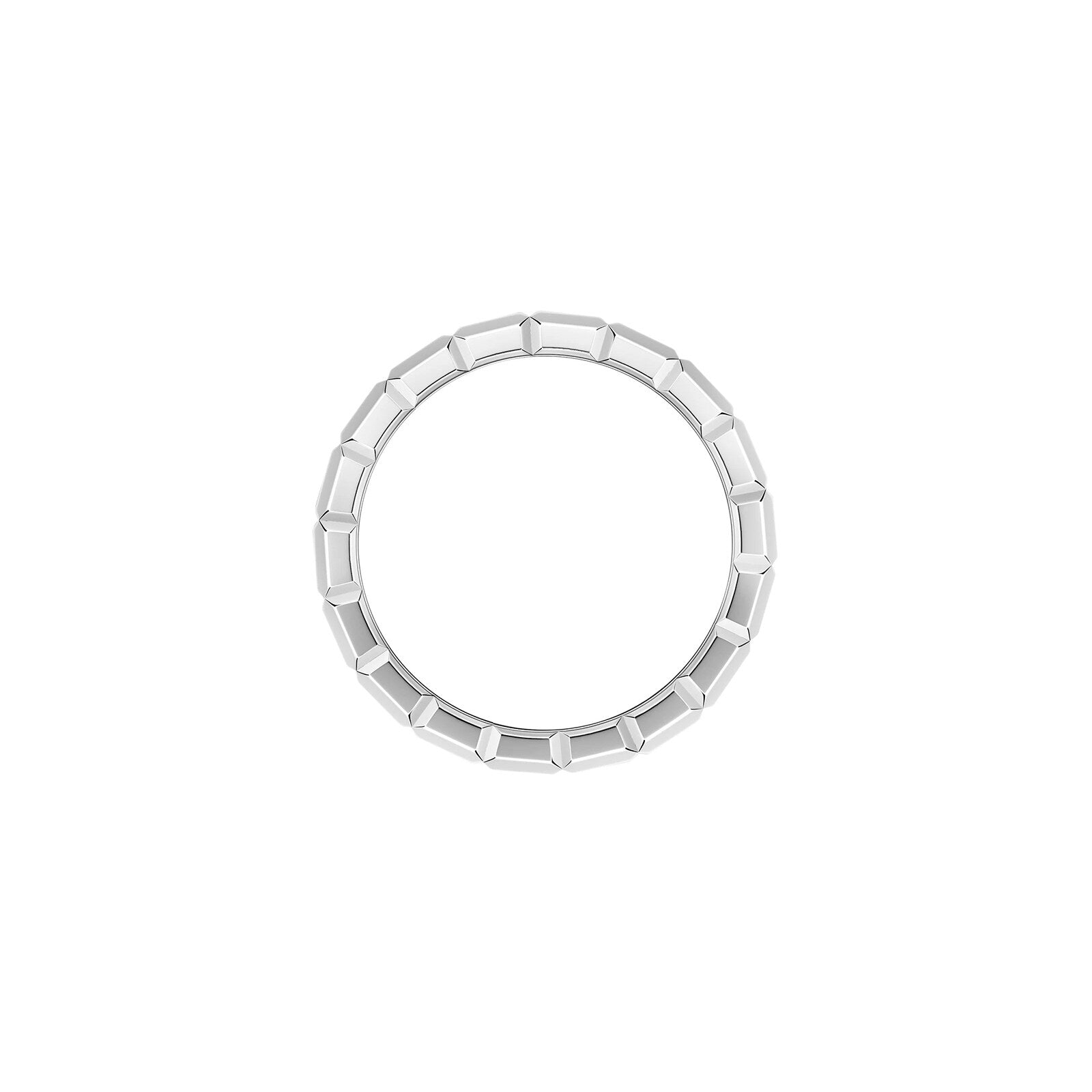The Chopard Ice Cube ring features a silver circular design with evenly spaced rectangular segments, offering minimalist elegance and modern style, showcased on a white background.