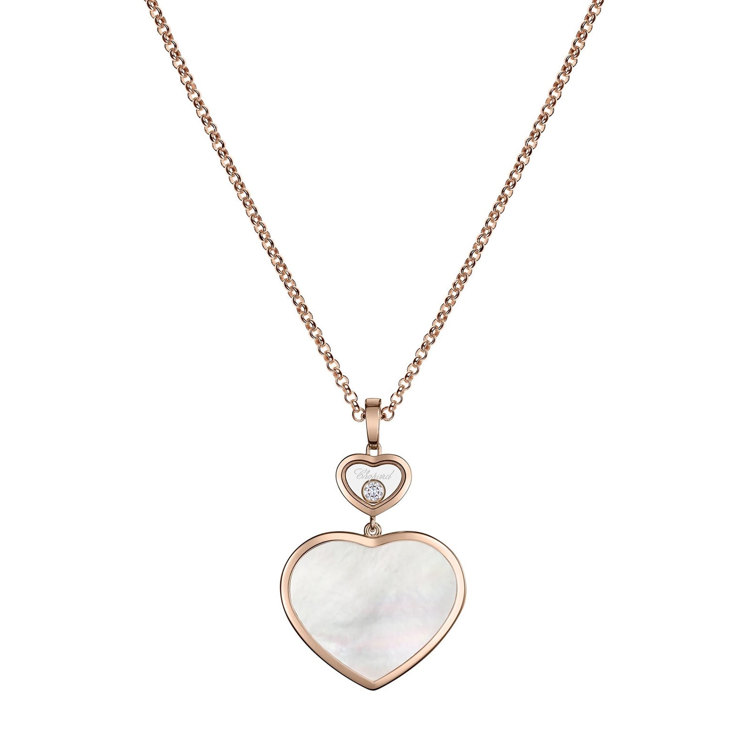The Chopard Happy Hearts necklace features a heart-shaped mother-of-pearl pendant, an open heart accent above, and a single round gemstone for an elegant rose gold design.