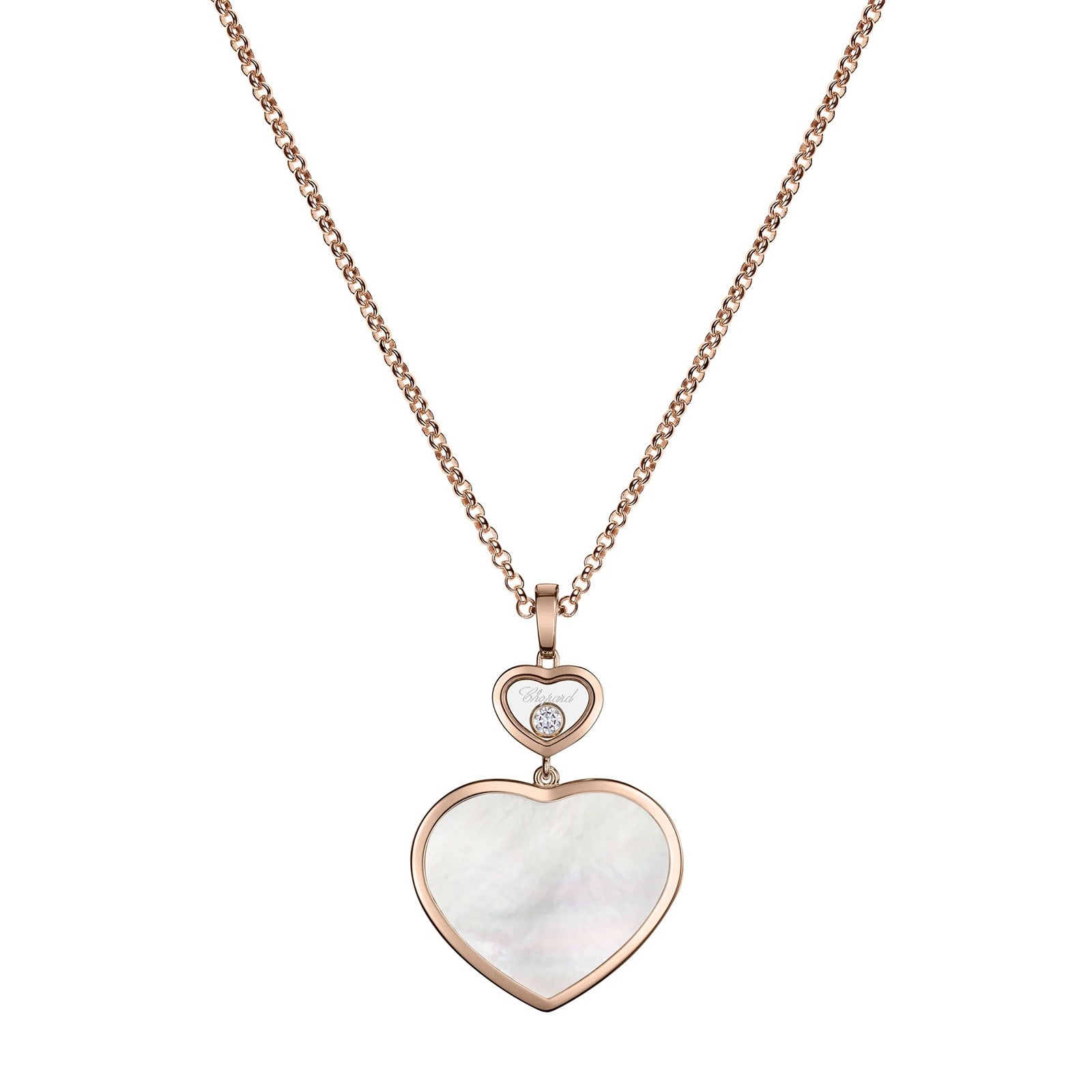 The Chopard Happy Hearts necklace features a heart-shaped mother-of-pearl pendant, an open heart accent above, and a single round gemstone for an elegant rose gold design.
