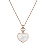 The Chopard Happy Hearts necklace features a heart-shaped mother-of-pearl pendant, an open heart accent above, and a single round gemstone for an elegant rose gold design.