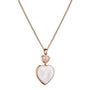 The Chopard Happy Hearts necklace features a rose gold double heart pendant with a small diamond in the top heart and a larger white mother-of-pearl inlay in the bottom heart.