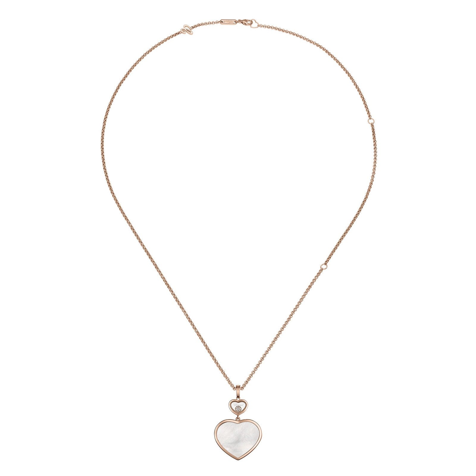 The Chopard Happy Hearts gold chain necklace features a white mother-of-pearl heart-shaped pendant outlined in gold, elegantly displayed against a plain white background.