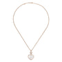 The Chopard Happy Hearts gold chain necklace features a white mother-of-pearl heart-shaped pendant outlined in gold, elegantly displayed against a plain white background.
