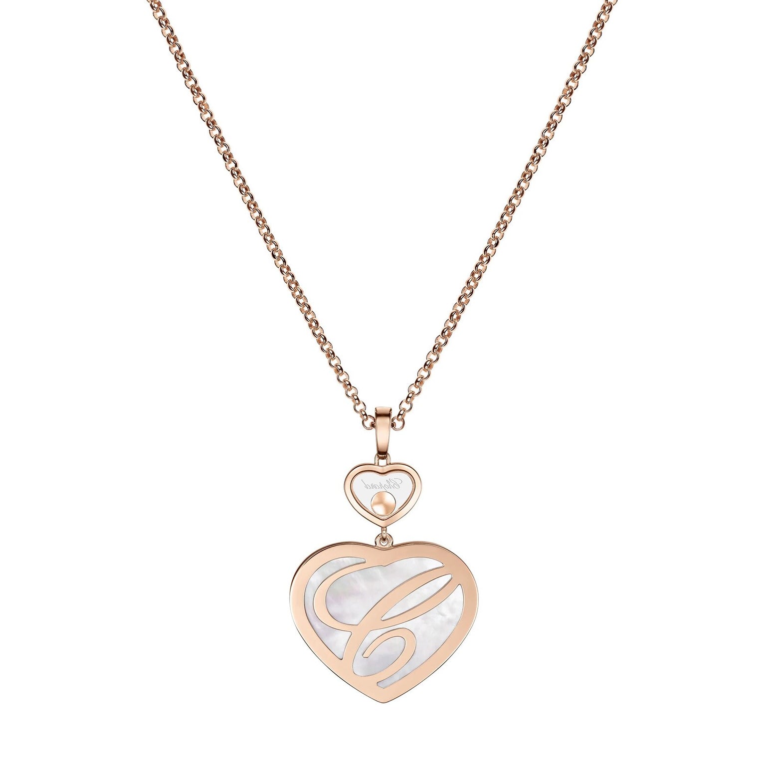 Chopards Happy Hearts necklace features a rose gold heart-shaped pendant with a cut-out G over luminous white mother-of-pearl, suspended from a fine chain.