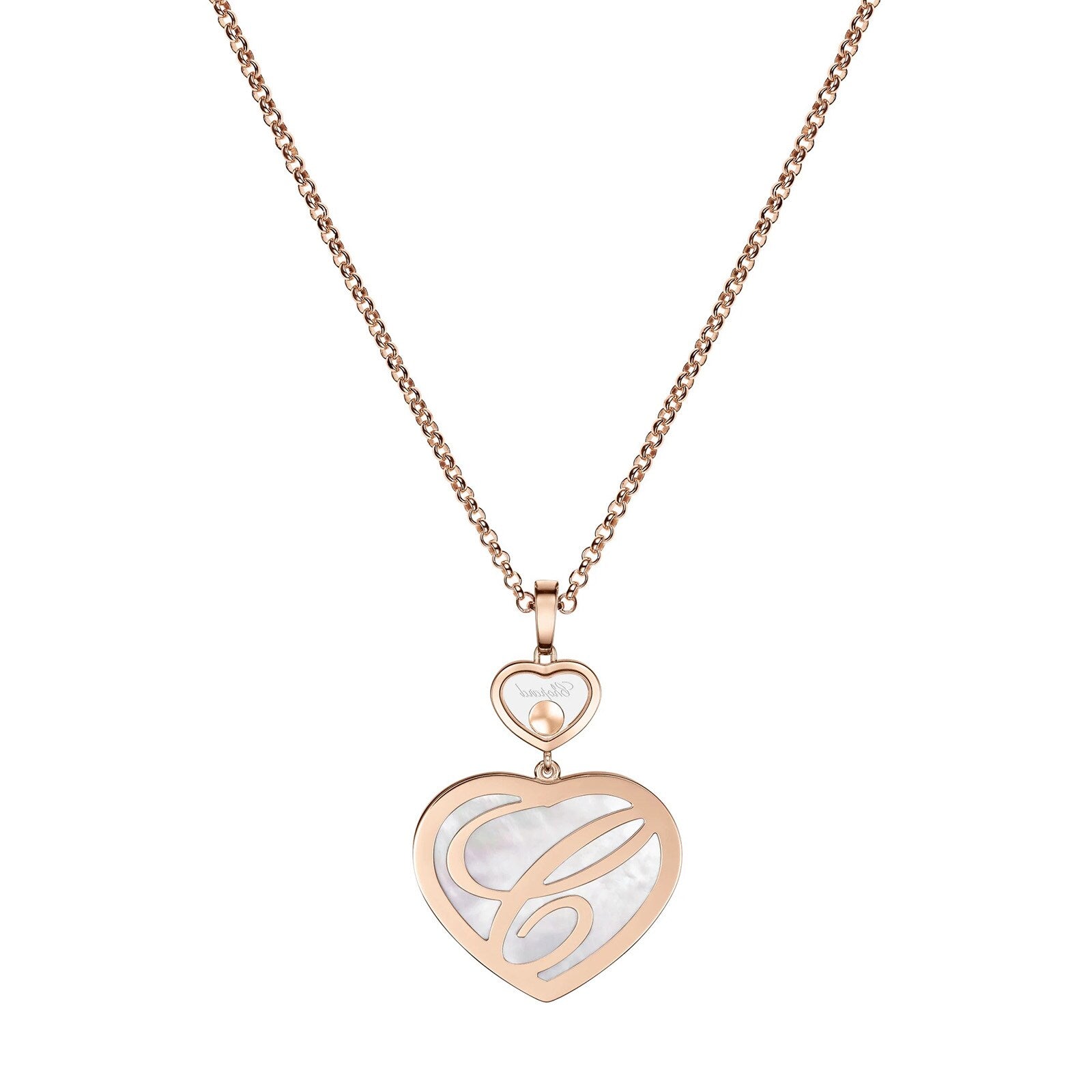 Chopards Happy Hearts necklace features a rose gold heart-shaped pendant with a cut-out G over luminous white mother-of-pearl, suspended from a fine chain.