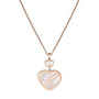 Chopards Happy Hearts necklace features a rose gold heart-shaped pendant with a cut-out G over luminous white mother-of-pearl, suspended from a fine chain.