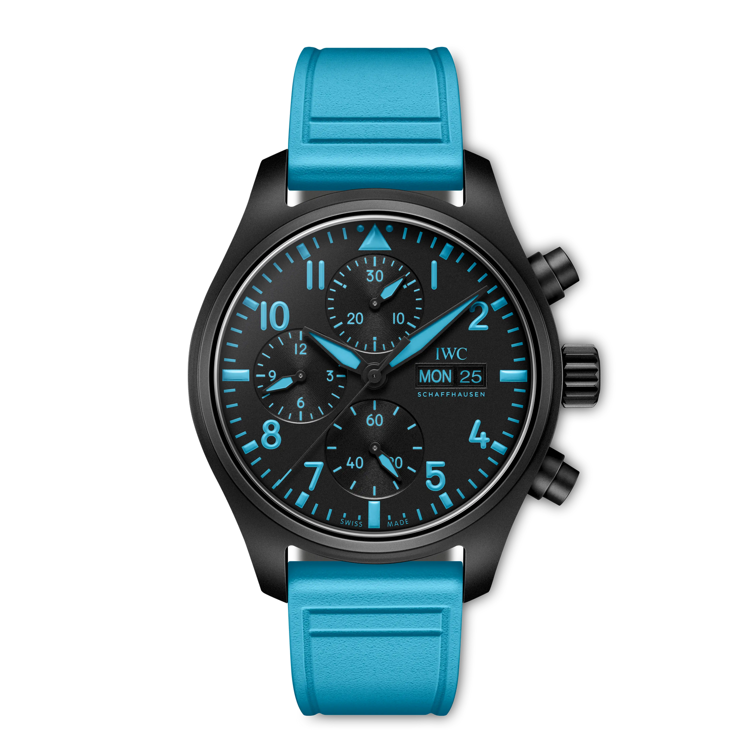 Wristwatch with blue strap and black dial on a white background