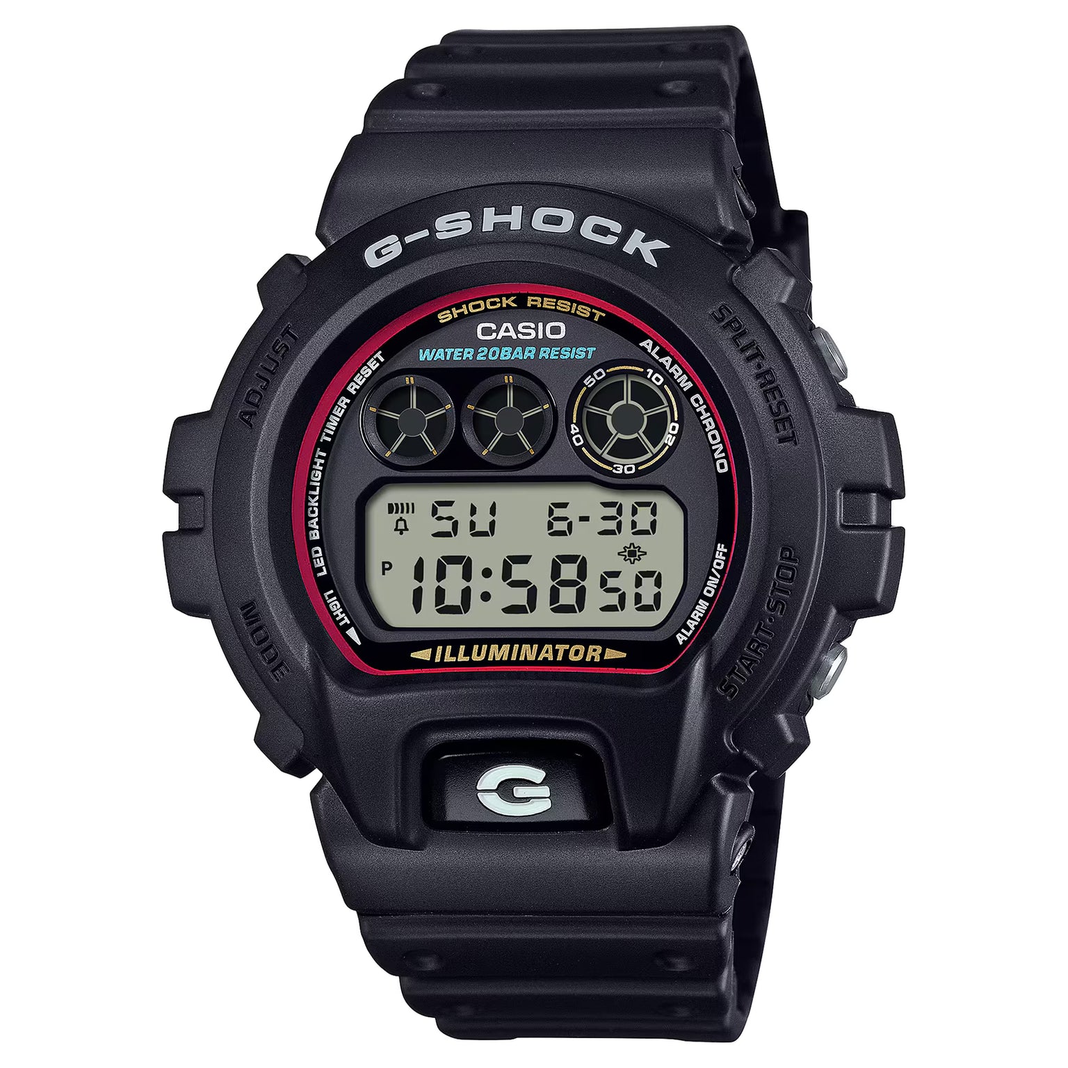 Black G-Shock digital watch with red bezel, digital display showing time, and black resin band.