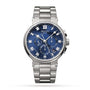 The Breguet Marine Chronographe 5527 features a stainless steel case, blue dial with Roman numerals, three subdials, date window, metal link bracelet, and is water-resistant for reliable performance.