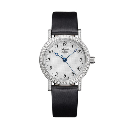 The Breguet Classique 8068 features a silver case, white dial, blue hands, Arabic numerals, diamond bezel, and a black leather strap displayed on a white background.
