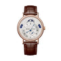 The Breguet Classique Calendrier 7337 is a luxury wristwatch in 18-carat gold featuring a brown leather strap, silver dial, blue hands, Roman numerals, and subdials for day, date, and moon phase with a precise selfwinding movement.