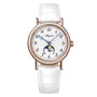 The Breguet Classique Phase de Lune 9087 showcases Swiss luxury with a white leather strap, gold case, white dial, blue hands, black Arabic numerals, and a moon phase subdial at 6 o’clock—a hallmark of Breguet elegance.