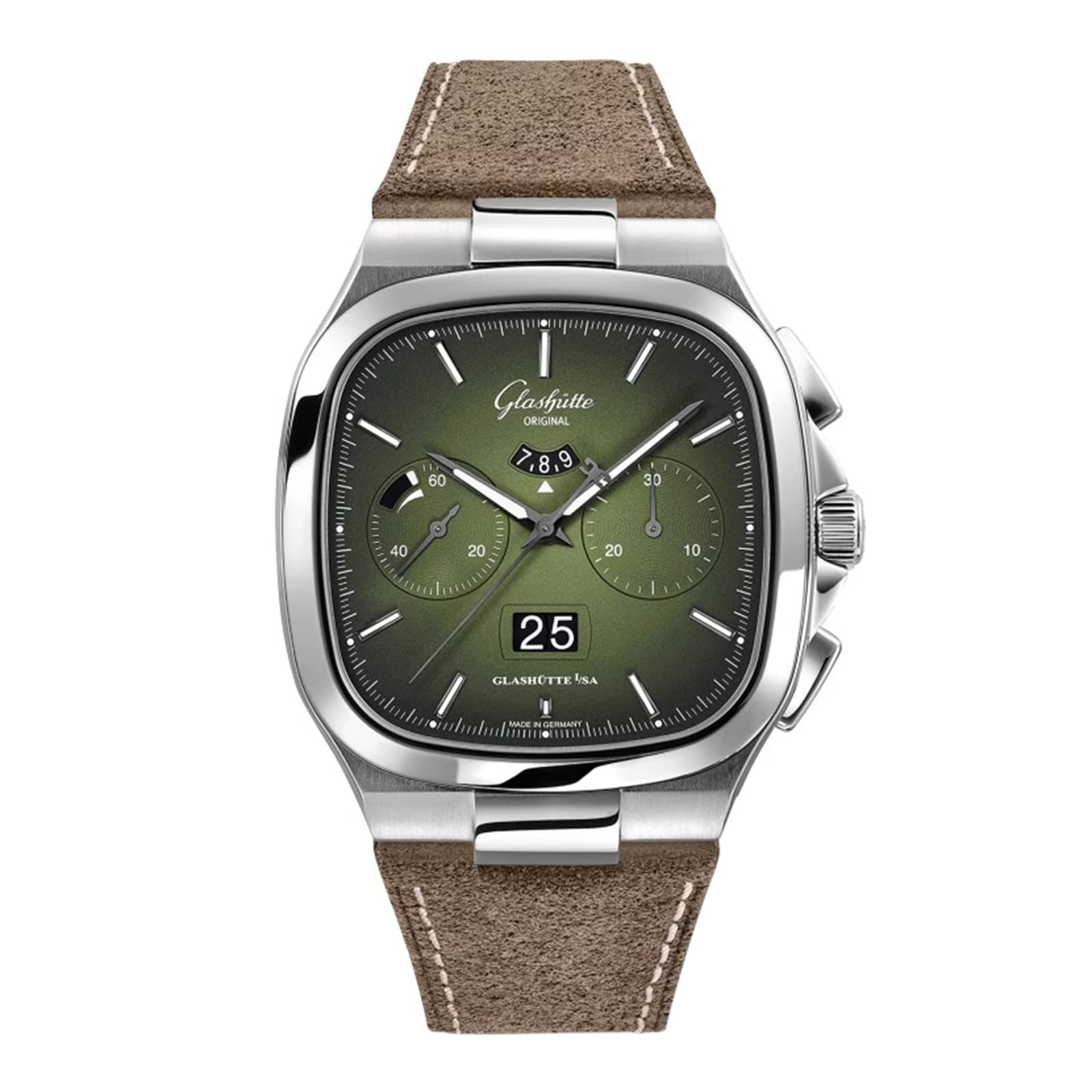 The Glashütte Original Seventies Chronograph Panorama Date features a green gradient square dial with two subdials, shark tooth scale, date at 6 oclock, sporty steel tonneau case, and a brown suede strap.