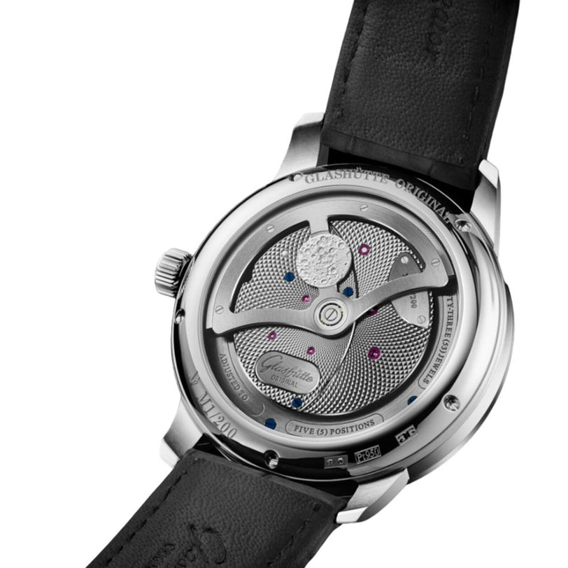 Back view of the Glashütte Original PanoLunarInverse, highlighting its intricate mechanics, engraved details, and visible gears, paired with a black leather strap.