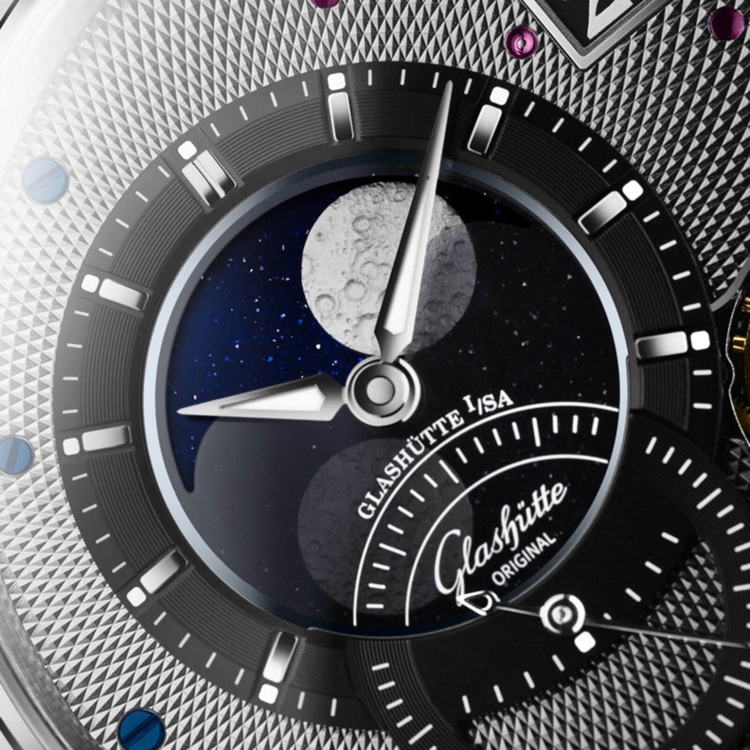 Close-up of a Glashütte Original PanoLunarInverse dial, showcasing horological artistry with a moon phase display, textured patterns, and exquisite craftsmanship.