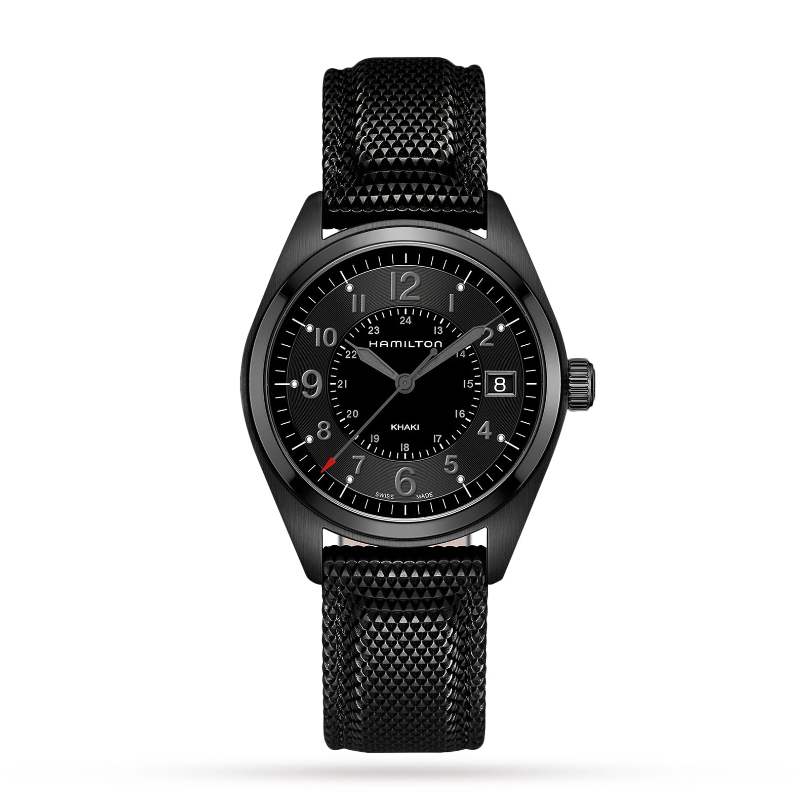 The Hamilton Khaki Field Quartz is a black military-inspired wristwatch with a textured black strap, black dial, white hour markers, and a date display at 3 oclock, shown against a white background.