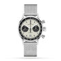 The Hamilton American Classic Intra-Matic Auto Chrono features a silver stainless steel mesh bracelet, cream and black panda dial, two subdials, a date window at 6 o’clock, and a tachymeter scale.