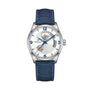The Hamilton Jazzmaster Open Heart wristwatch features a Swiss-made automatic movement, a partial skeleton silver dial with blue numerals, and a textured blue leather strap, shown against a white background.