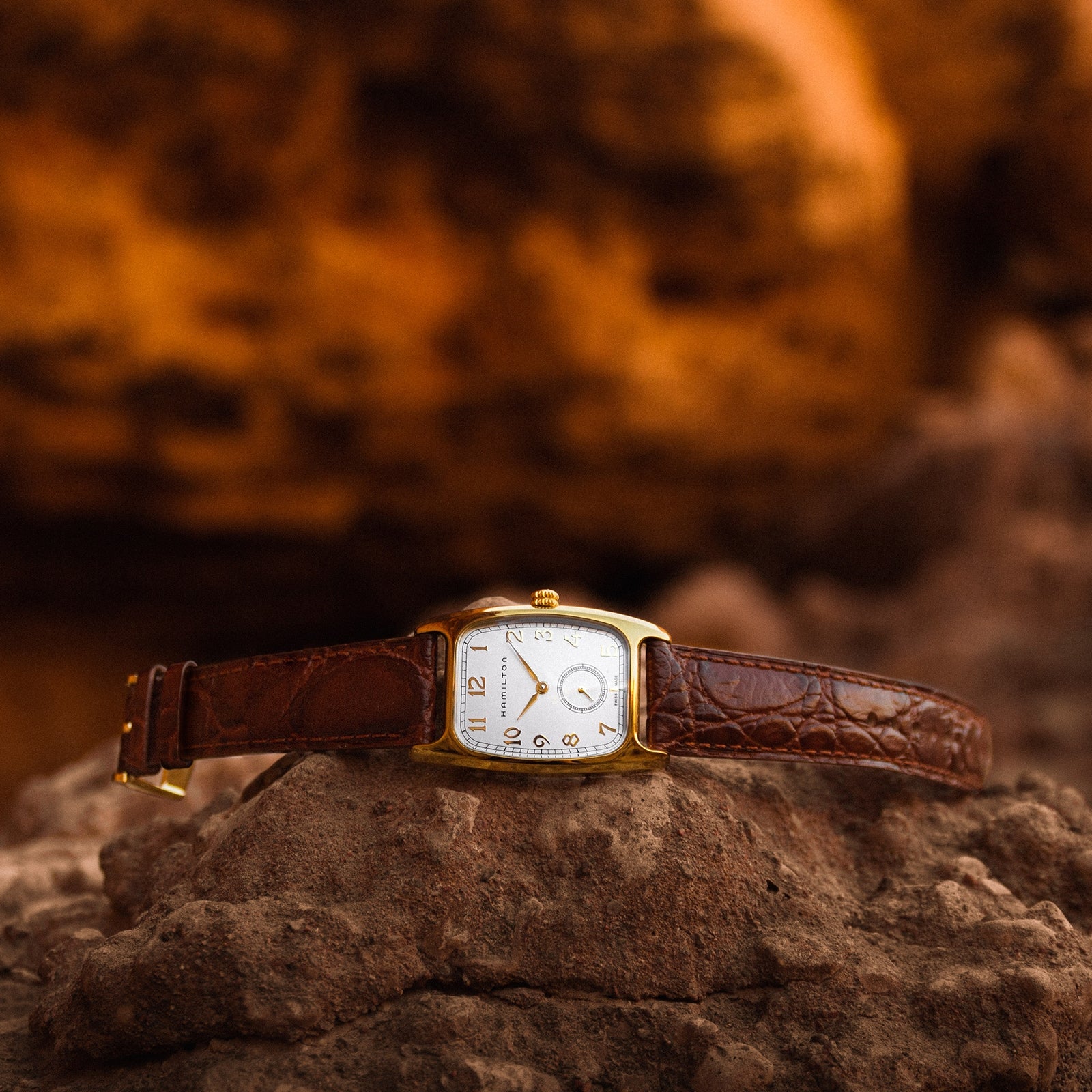 A Hamilton American Classic Boulton Quartz wristwatch with a brown leather strap rests on rocks, set against a blurred, warm-toned background that emphasizes its Swiss precision and timeless elegance.