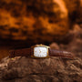 A Hamilton American Classic Boulton Quartz wristwatch with a brown leather strap rests on rocks, set against a blurred, warm-toned background that emphasizes its Swiss precision and timeless elegance.