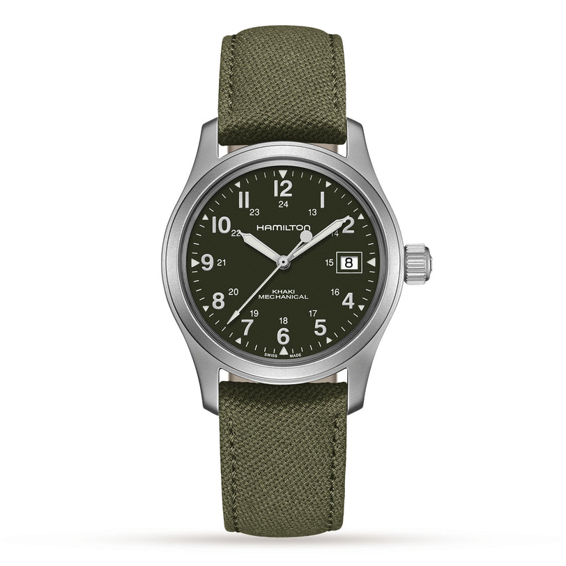 The Hamilton Khaki Field Mechanical features an olive green strap, black dial, white markers, and a date window at 3 o’clock.