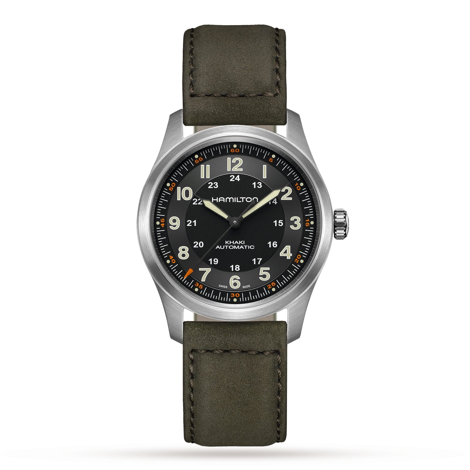 A Hamilton Khaki Field Titanium Auto watch with a green dial, white numerals, silver case, and green leather strap is displayed against a white background.