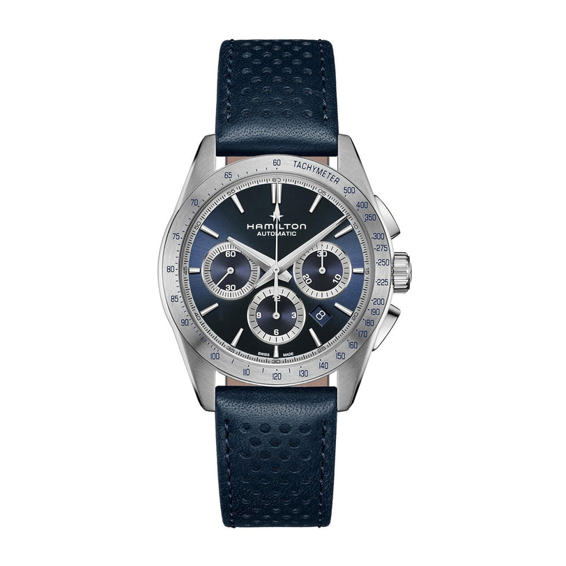 The Hamilton Jazzmaster Performer Auto Chrono features a blue dial with three subdials, angled date display, tachymeter bezel, and textured blue leather strap—exemplifying refined craftsmanship.