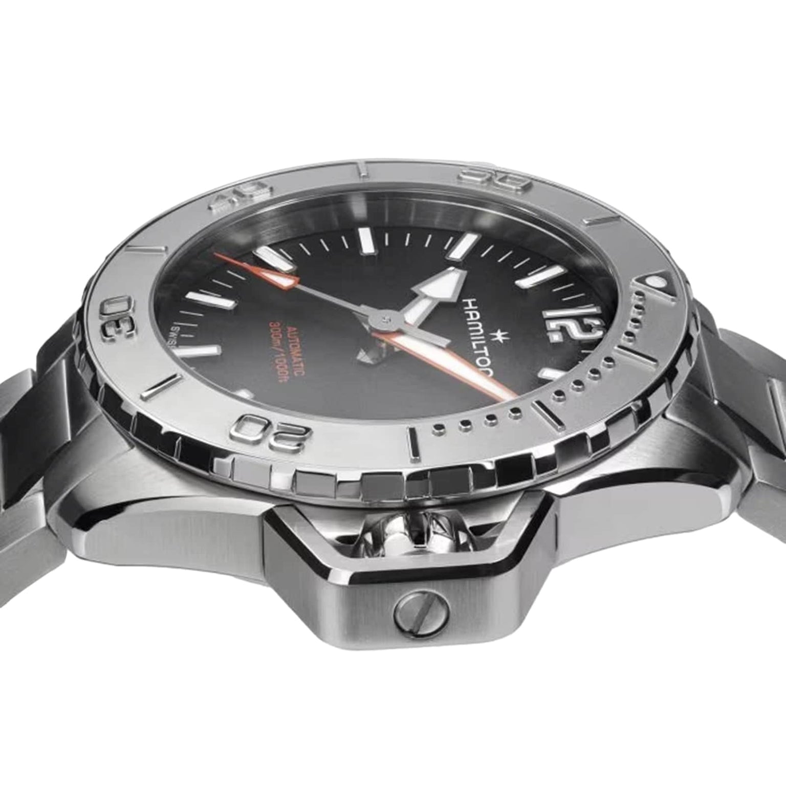 A close-up side view of the Hamilton Khaki Navy Frogman Auto watch featuring a black dial, silver bezel, luminous hands and hour markers, and exceptional water resistance.