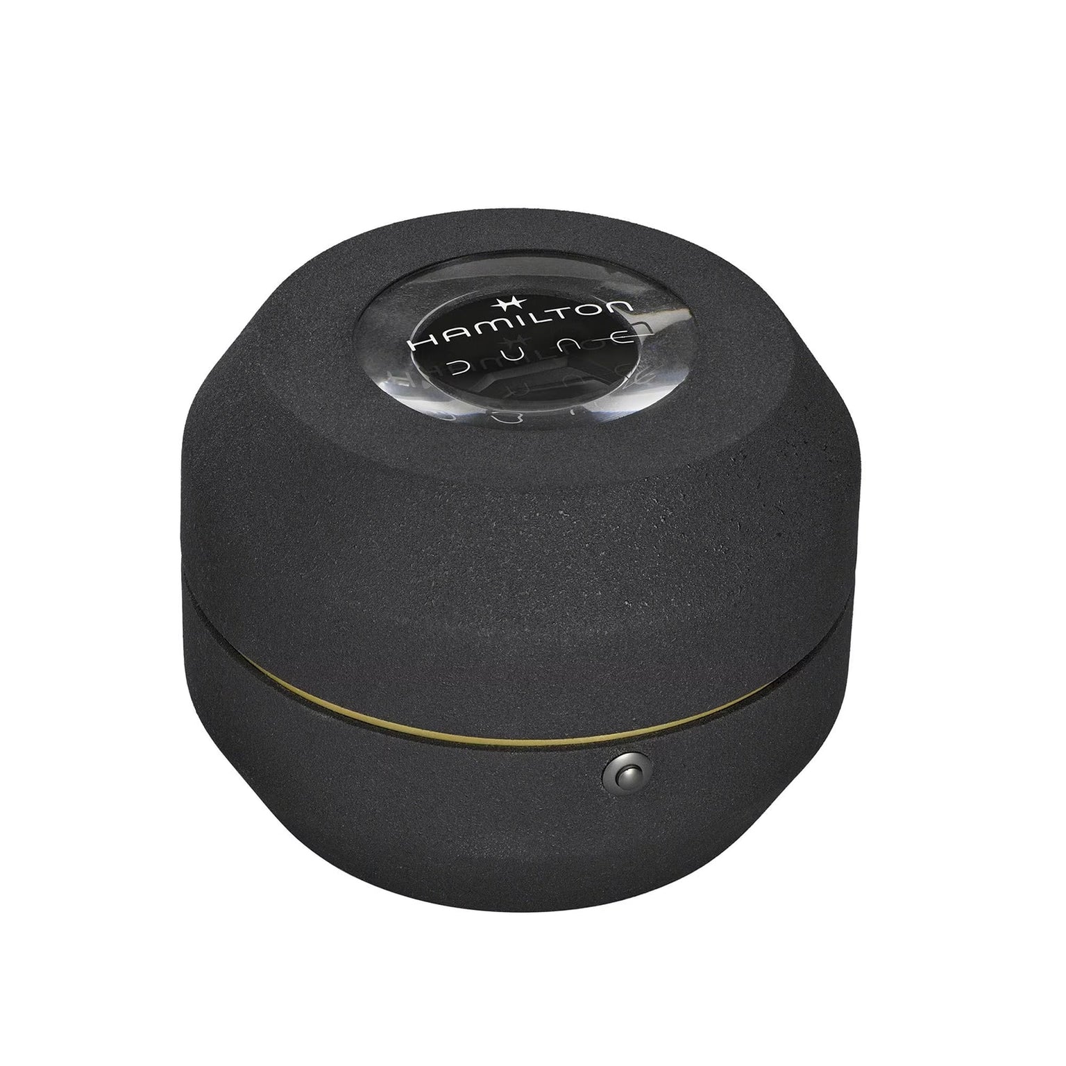 A sleek black, rounded box with a clear window displays the Hamilton logo and Ventura Edge Dune Limited Edition watch. The smooth-finished box features a side button and securely holds this exclusive collectible.
