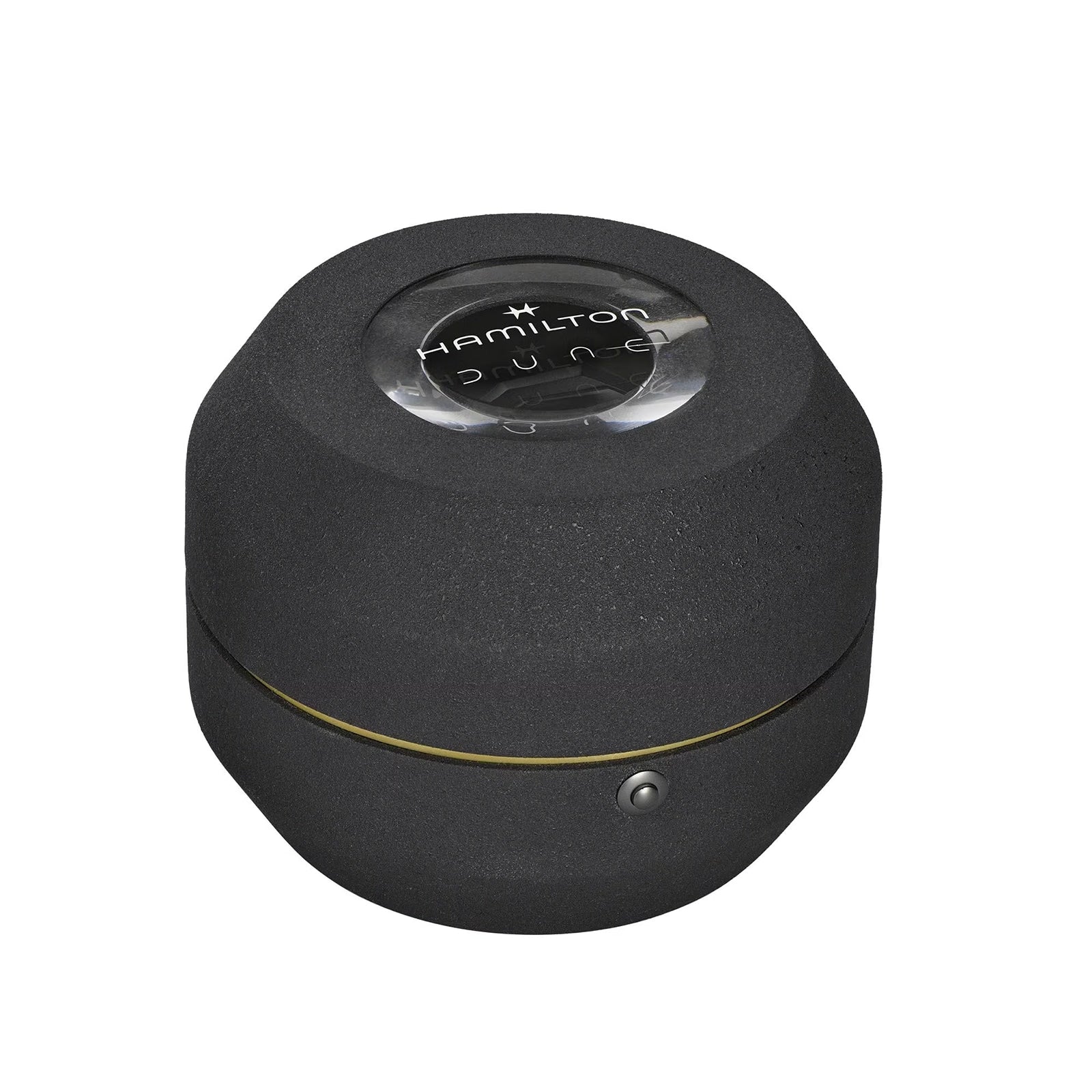 A sleek black, rounded box with a clear window displays the Hamilton logo and Ventura Edge Dune Limited Edition watch. The smooth-finished box features a side button and securely holds this exclusive collectible.
