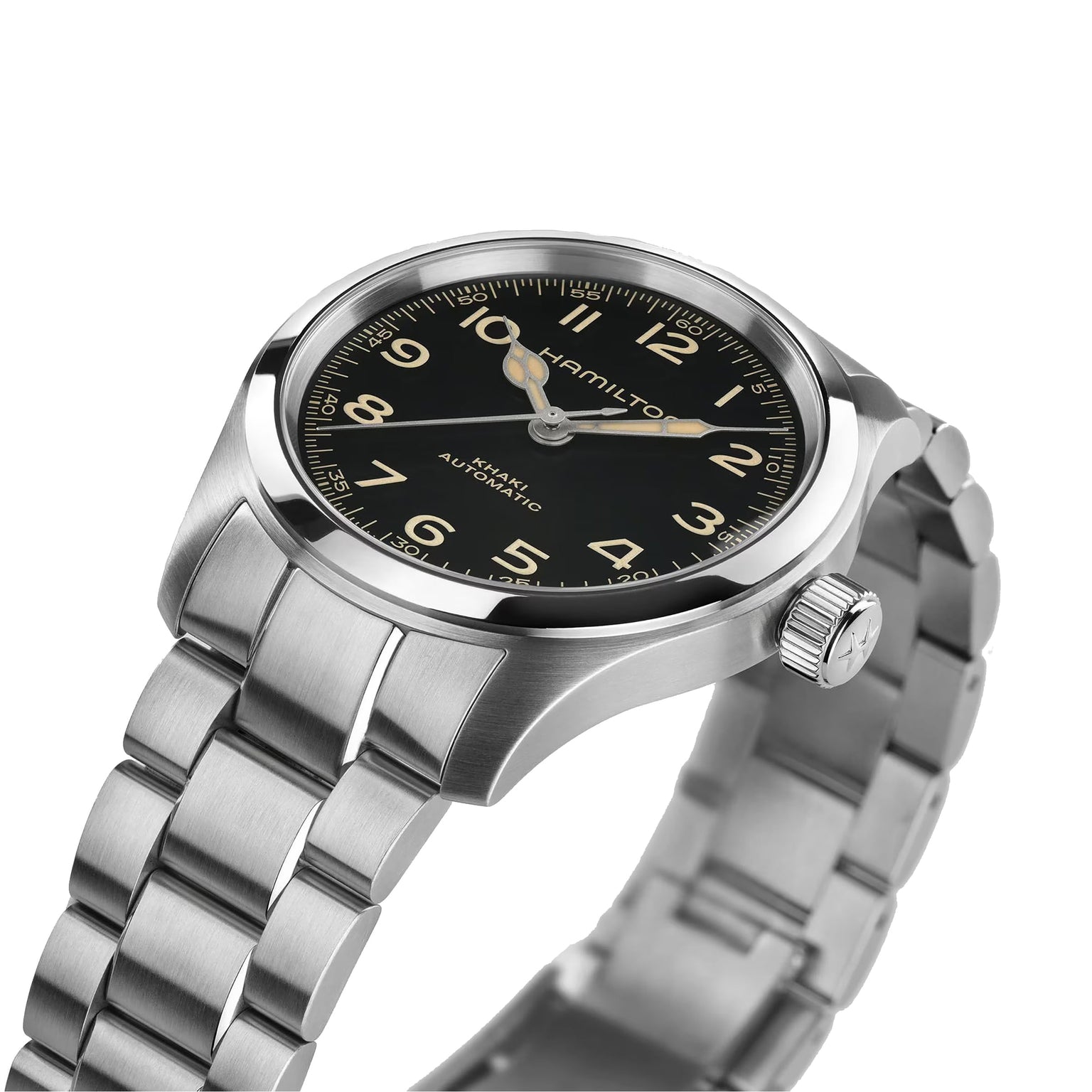 The Hamilton Khaki Field Murph 38mm is a stainless steel wristwatch featuring a black dial, Arabic numerals, metal link bracelet, and the Hamilton brand name on the face, showcasing classic design.