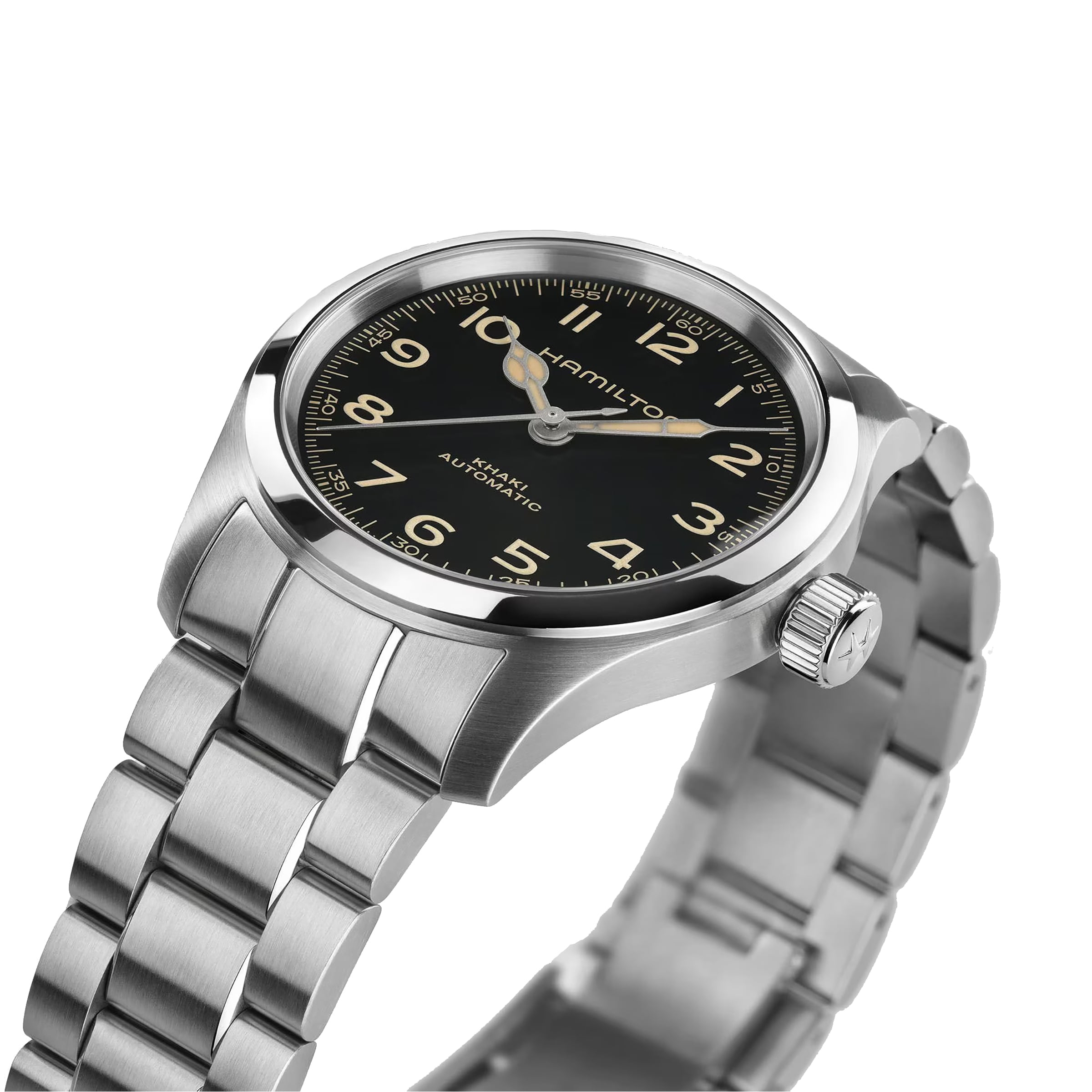 The Hamilton Khaki Field Murph 38mm is a stainless steel wristwatch featuring a black dial, Arabic numerals, metal link bracelet, and the Hamilton brand name on the face, showcasing classic design.
