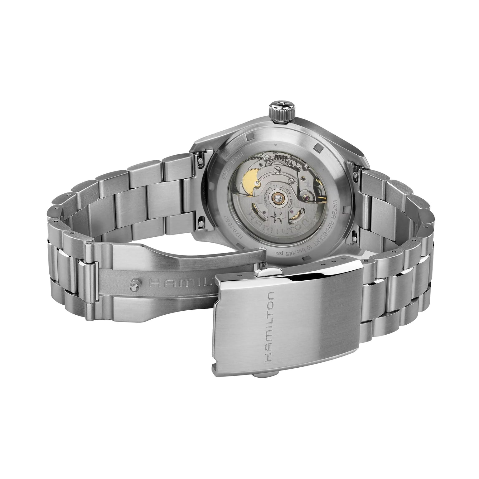 The Hamilton Khaki Field Murph 38mm wristwatch features a stainless steel case, open clasp, and a transparent case back that reveals the automatic movement inside.
