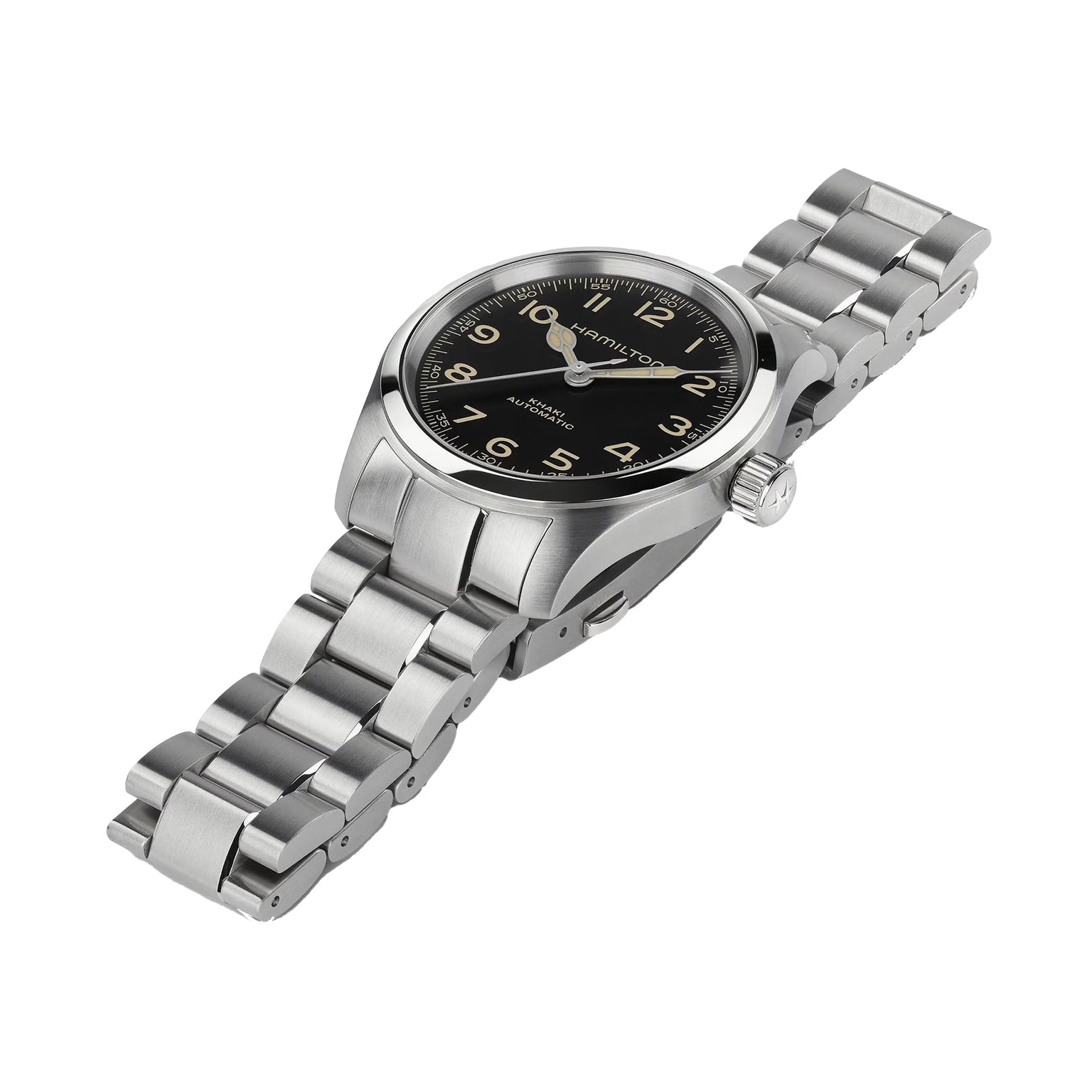 The Hamilton Khaki Field Murph 38mm is a vintage-style stainless steel wristwatch with a black dial, Arabic numerals, and a link bracelet, shown on a white background.