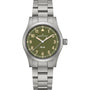 Hamilton Khaki Field Quartz 38mm wristwatch in silver with an olive green dial, metal link bracelet, and displaying the time at 10:10.