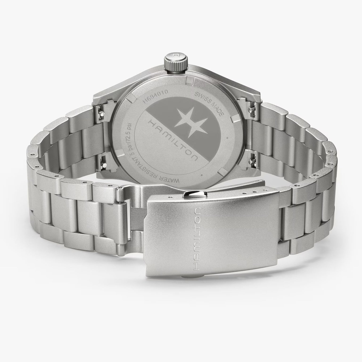 Back view of the Hamilton Khaki Field Quartz 38mm wristwatch featuring a silver metal bracelet and engraved Hamilton logo on the case and clasp.